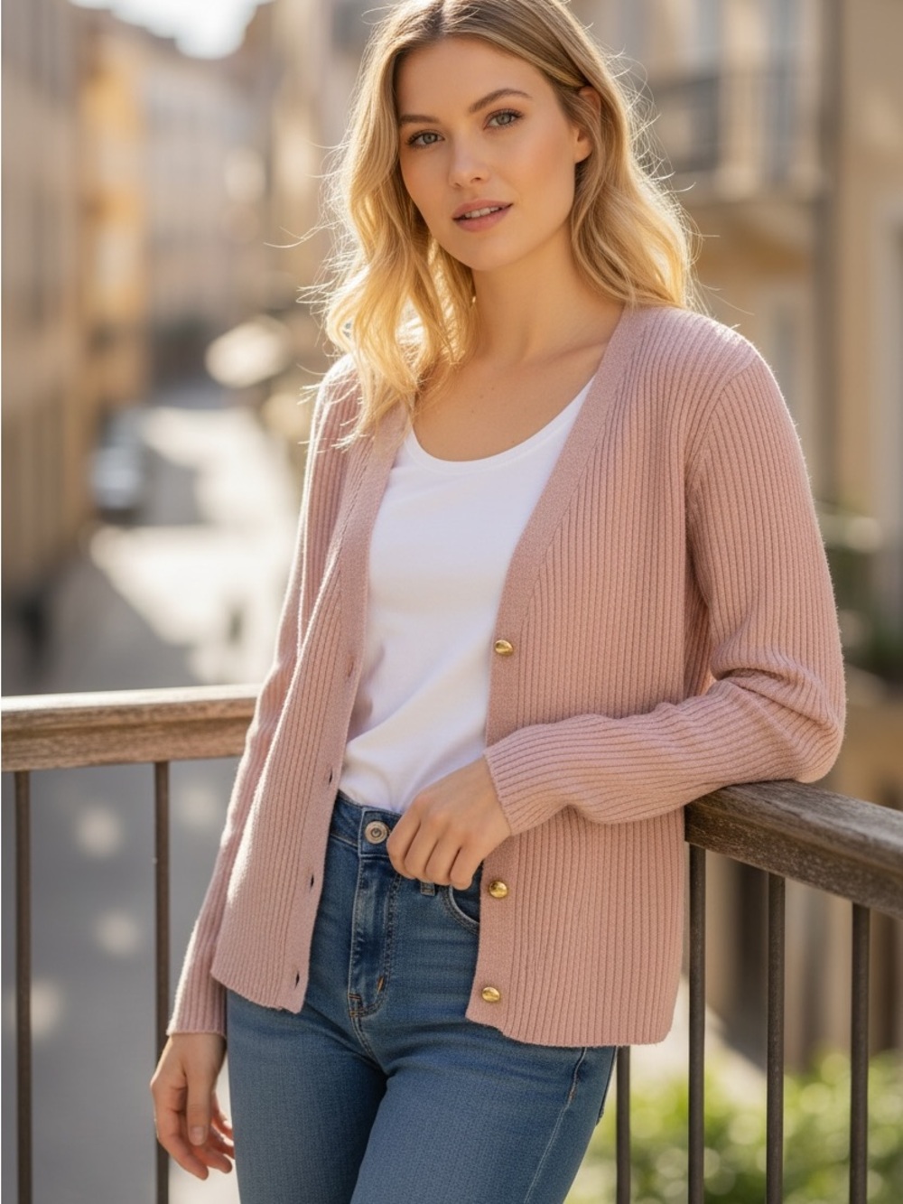 Sincerely Jules Blush Pink Ribbed Gold-Button Cardigan